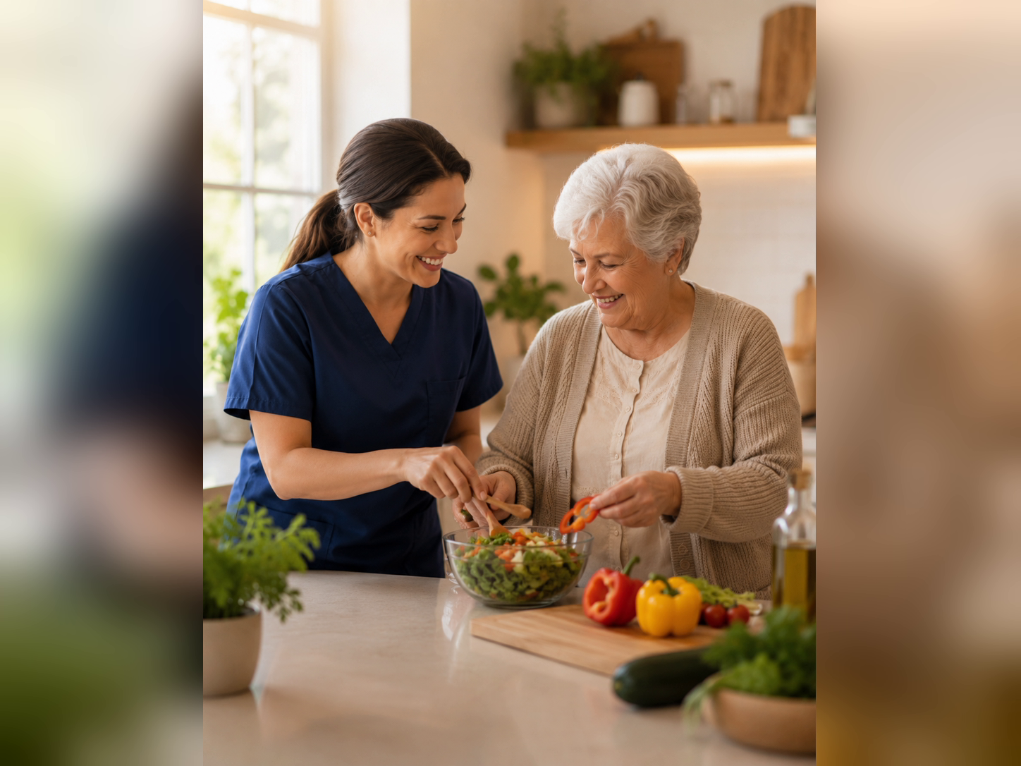 Caregiver preparing fresh healthy nutritious meals